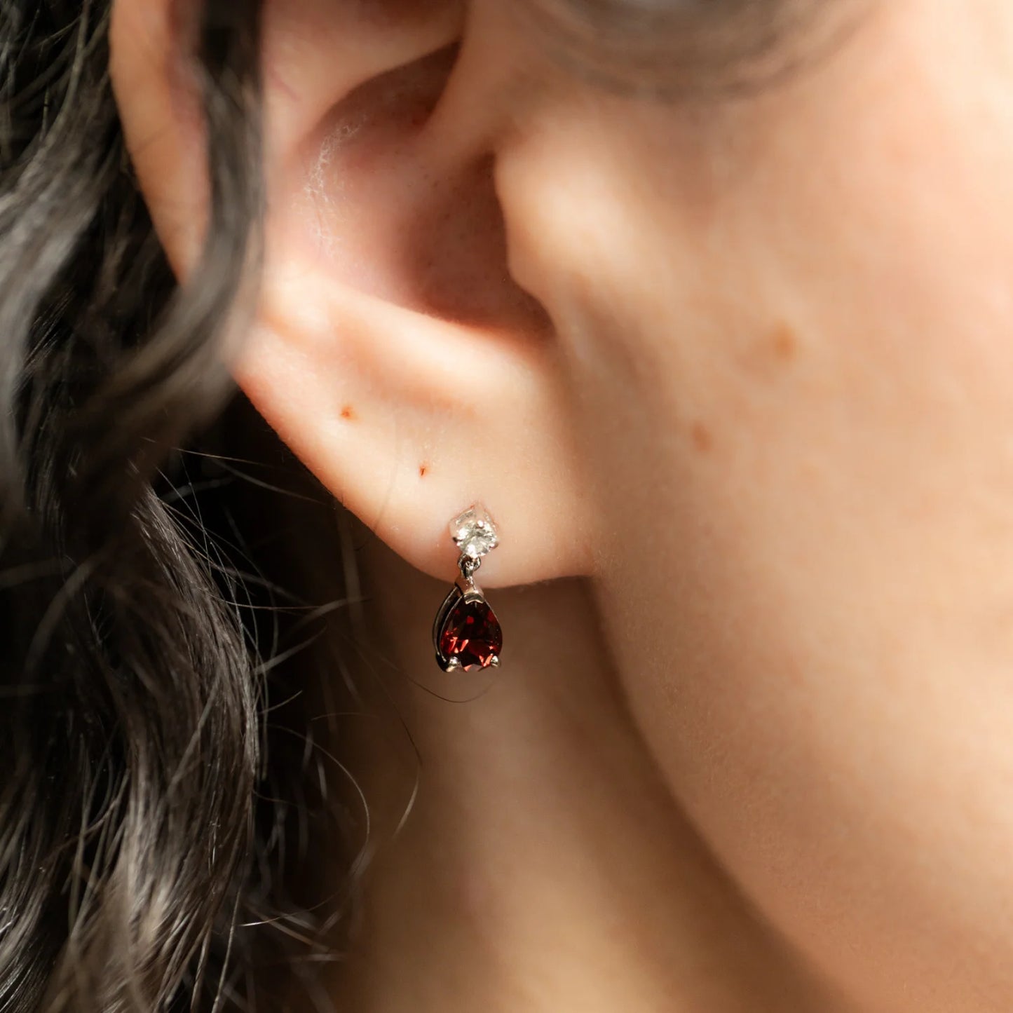 Jewelry Set for Women, Natural Pear Shaped 7X5Mm Garnet and 3Mm Natural White Topaz Pendant Necklace and Matching Pear Shaped Garnet and White Topaz Stud Earrings